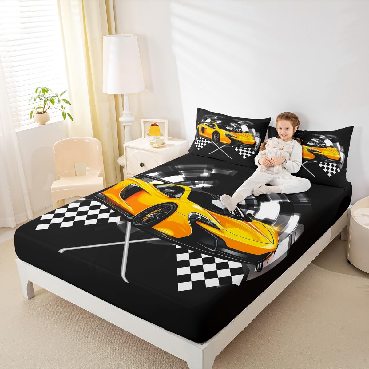 Manfei Yellow Race Car Fitted Sheet Full Size, Black and White Lattice Bed Cover, Extreme Sport Games Bedding Set 3pcs for Kids Teens Boys Man Room Decor,Soft Modern Bed Sheets with 2 Pillowcases