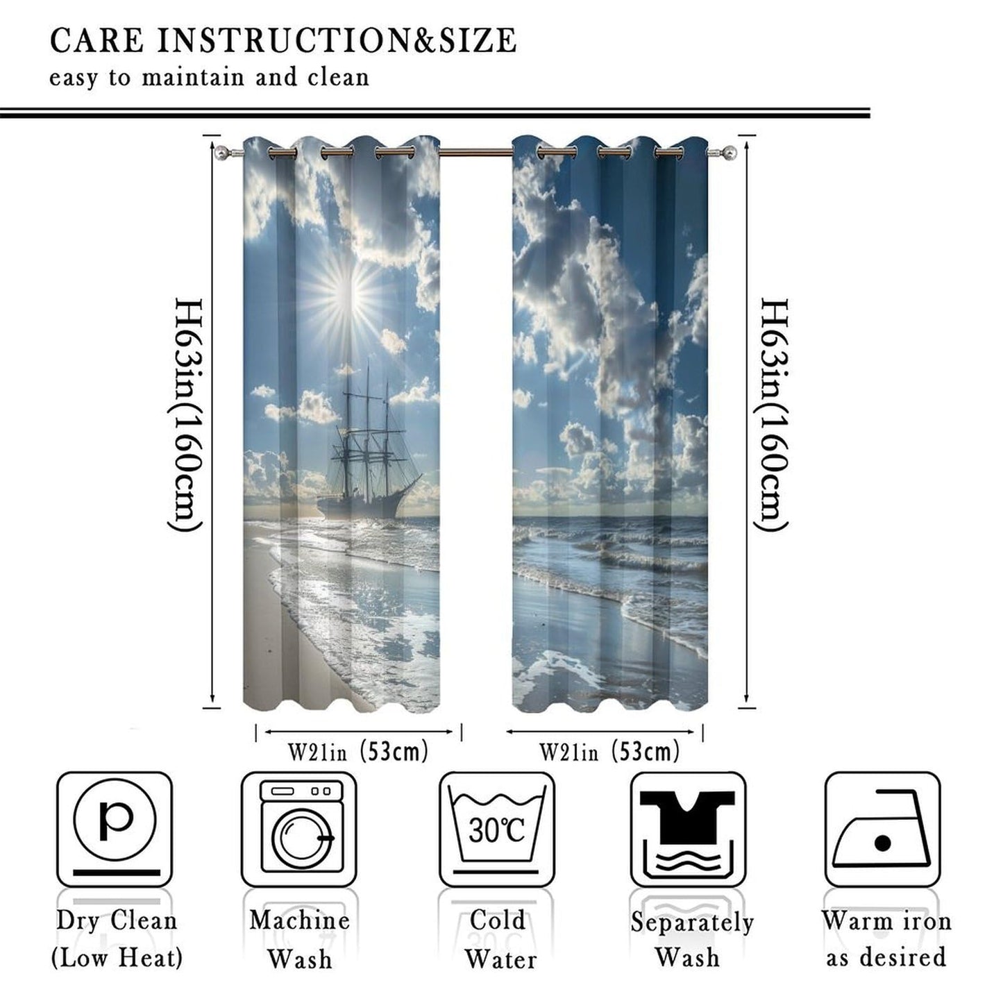 TOWINSFB Classic Ocean Sailboat Blackout Curtains for Bedroom/Living Room, Nature Sky Cloud Beach Grommet Curtains Thermal Insulated Window Drapes, 2 Panels, Each 21W x 63L