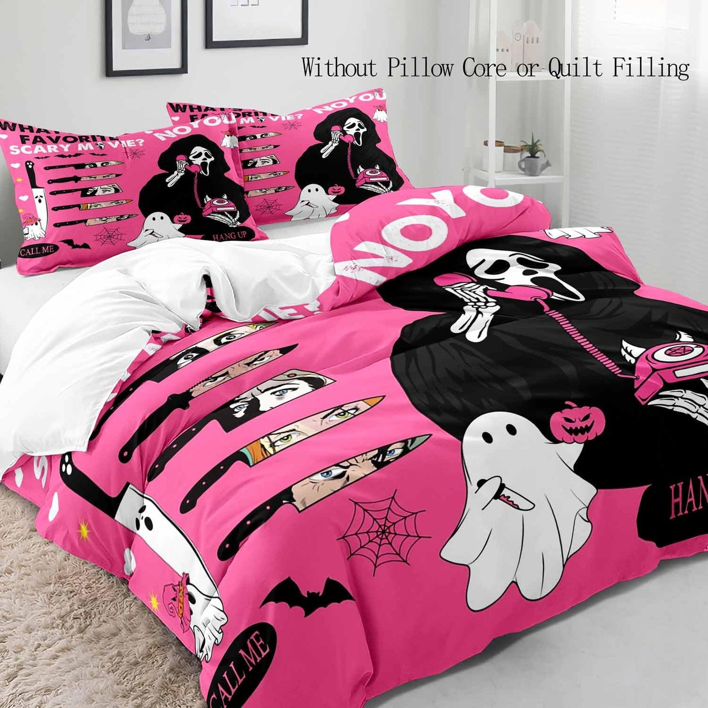 LUVIVIHOME 3PCS Funny Ghost Duvet Cover Queen Bedding Set, Hot Pink Duvet Cover, Gothic Spooky Scary Horror Scream Knife Bat Pumpkin Cobweb Halloween Comforter Quilt Cover, Bed in a Bag 2 Pillow Cases