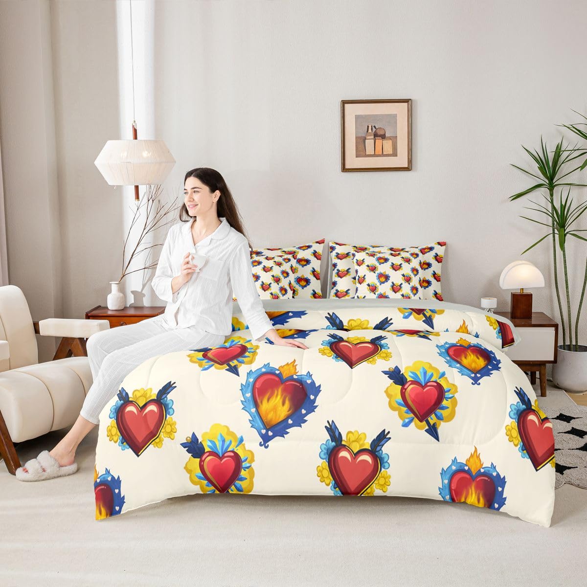 Erosebridal Heart Pattern Queen Comforter Set Red and Blue 7 Pieces Bedding Fire Flame Print Bed Set with Sheets Floral Bed in A Bag Bedroom Decor