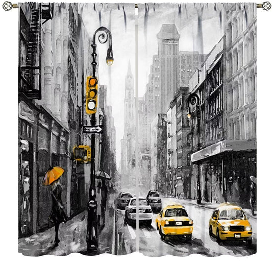DDCBNS New York Curtains,Vintage Car Modern Manhattan City Landscape Window Treatments for Bedroom Living Room Kitchen Oil Painting Style Window Drapes 2 Panels Set,Total Size 42" x 45"
