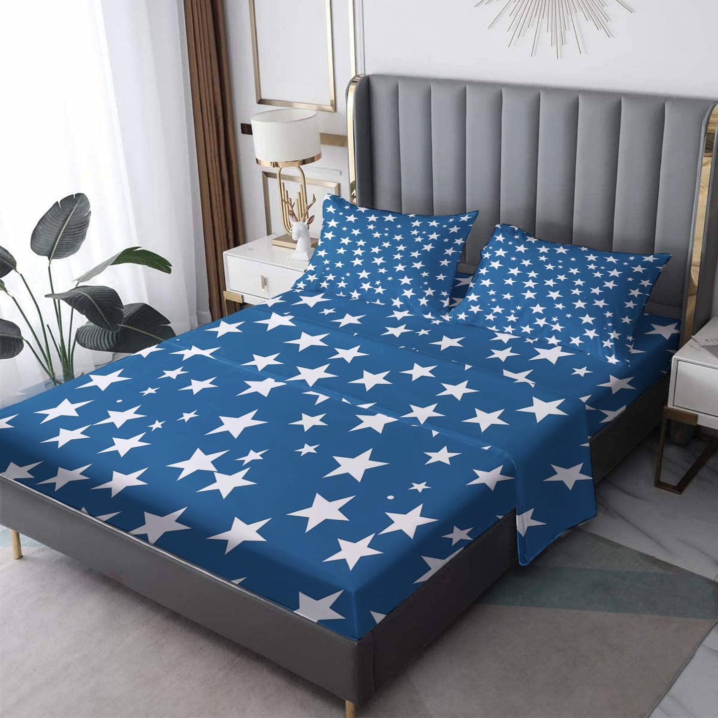 NOGAWA Cartoon Star Sheets Cal King, Kids Boys Blue Bed Sheets, Deep Pocket & Soft Microfiber Bedding Sheets & Pillowcases 4 Piece - Fitted Sheet & Flat Sheet & 2 Pillow Cases