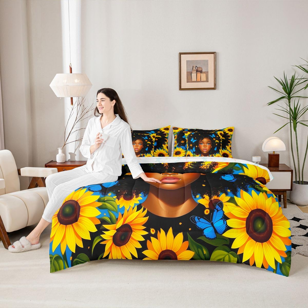 Erosebridal Cute Black Girls Queen Bedding Set Pretty Sunflower Comforter Set with Flat and Fitted Sheet Teen Kids Coquette Blue Butterfly 7-Piece Bed in a Bag Aesthetic Watercolor Floral Quilt Sets
