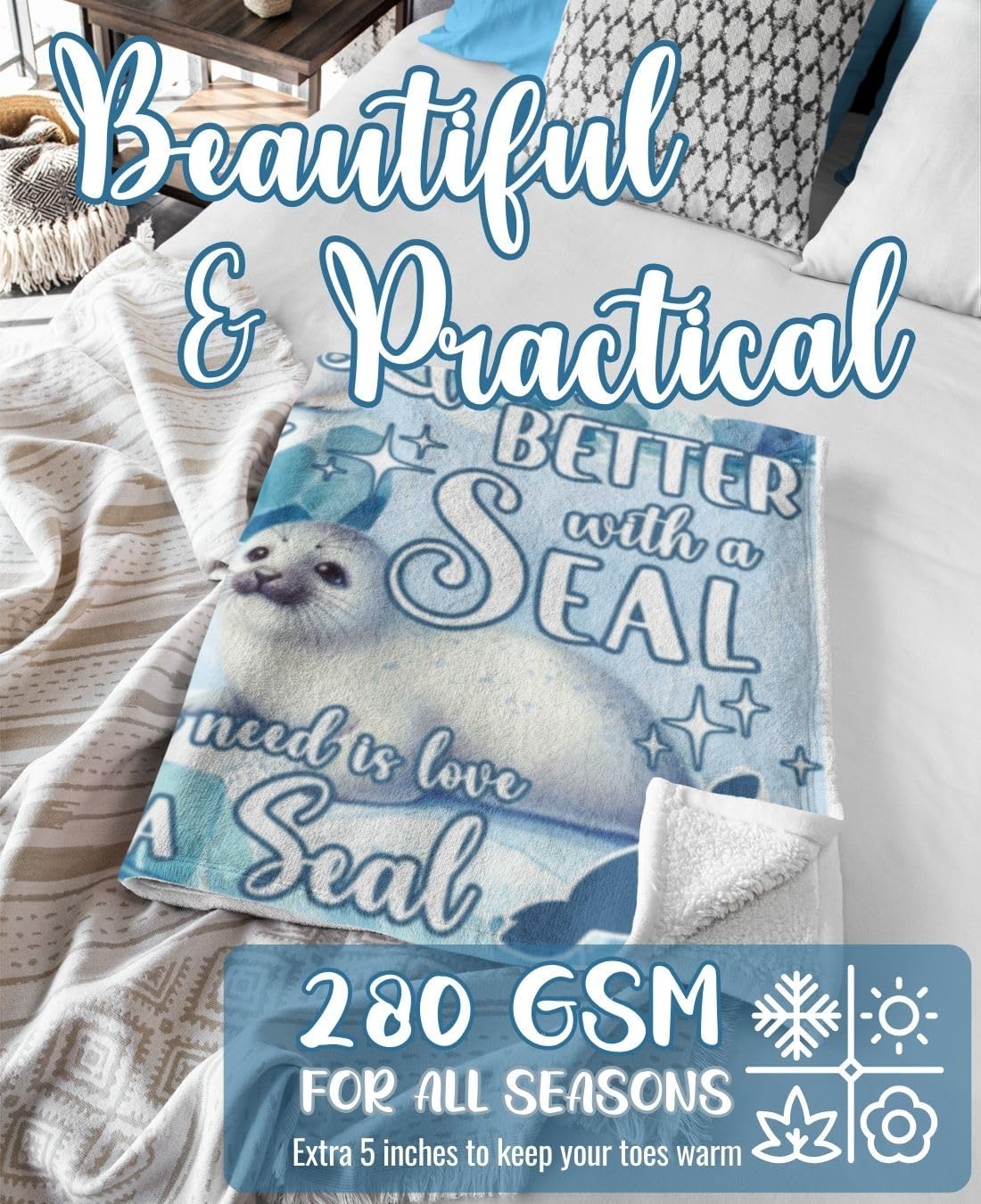 Huglanket Seal Gifts Blanket for Women, Men - Throw Blanket - Birthday Gifts for Seal Lovers - Watercolor - 50" x 65"