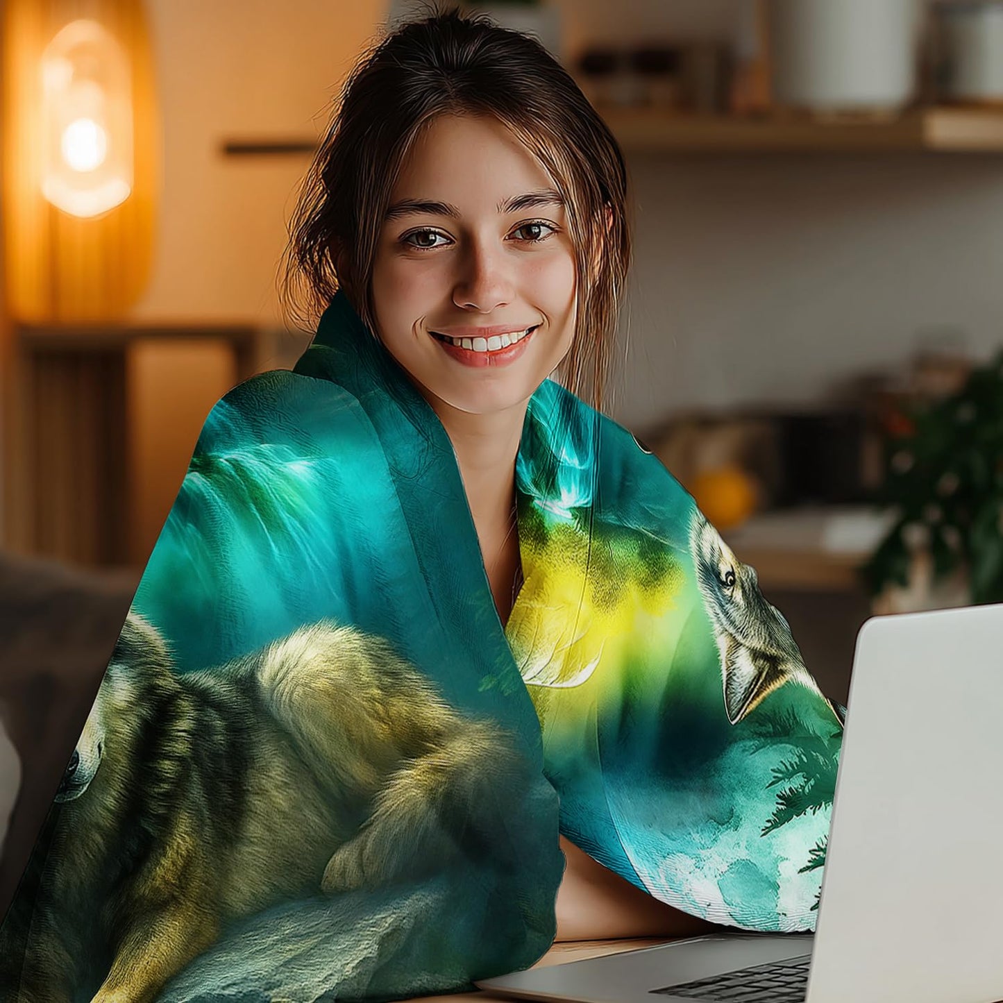 Wolf Blanket Blue-Green Wolf Fleece Throw Blanket Super Soft Fuzzy Plush Cozy Warm Wolves Decor Stuffed Bedding Blankets Gift for Boys Girls Men Women Kids & Adult 50"X40"
