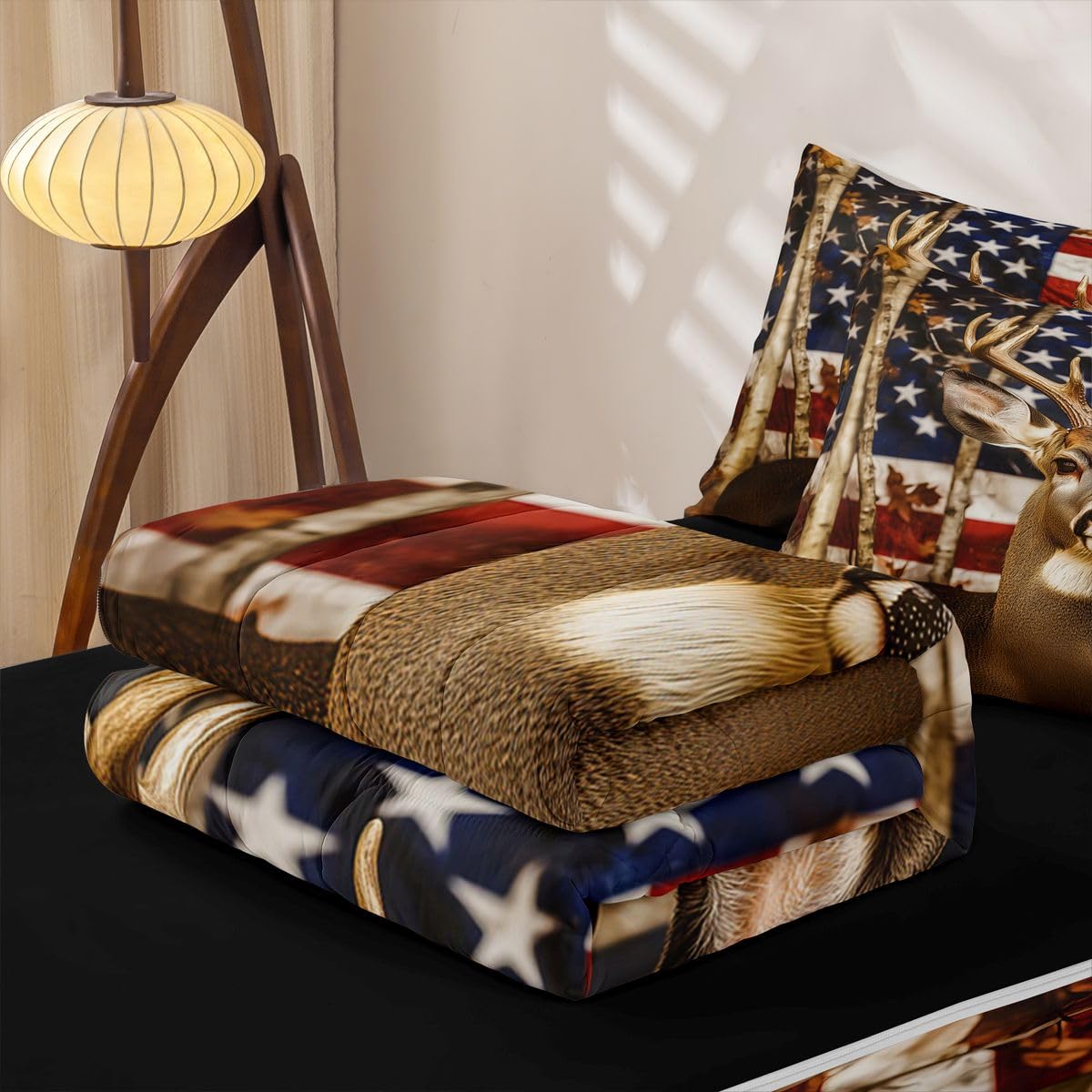 Feelyou American Flag Comforter Set Twin Size Zipper Bedding Set for Girls Boys Cute Deer Comforter with Fitted Sheet, Pillowcases Deer Hunting Zipper Bedding Soft Breathable Bed in a Bag