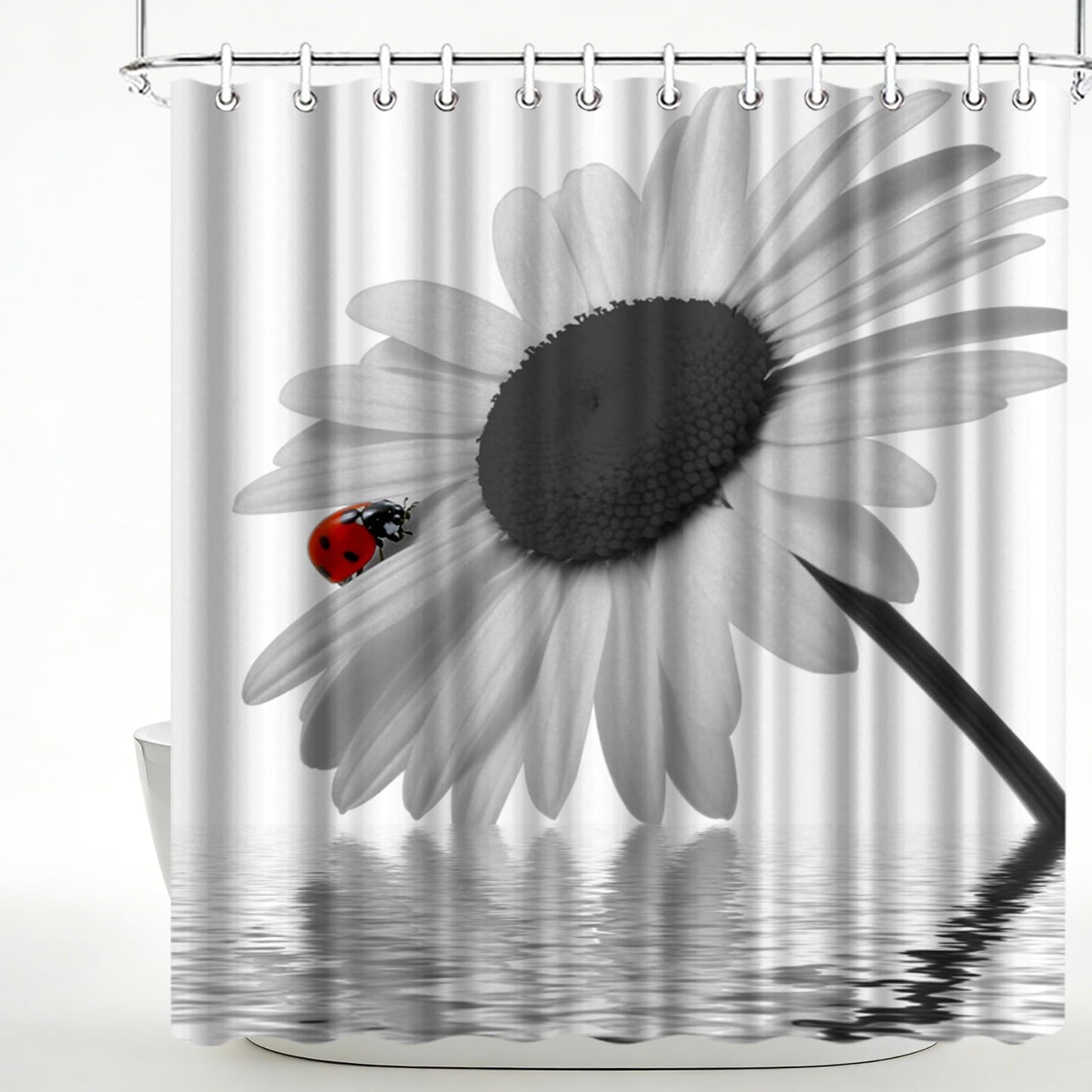 LeAquaNook Sunflower Shower Curtain Black and White Flower with Red Ladybug Design Print Home Decor Waterproof Polyester Fabric 72 x 72 inches Set with Hooks