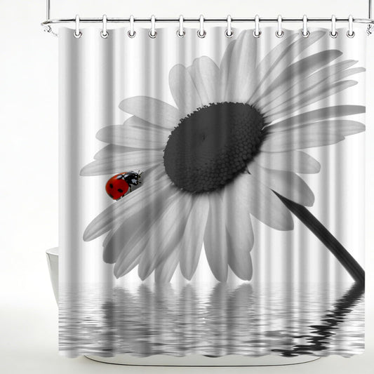 LeAquaNook Sunflower Shower Curtain Black and White Flower with Red Ladybug Design Print Home Decor Waterproof Polyester Fabric 72 x 72 inches Set with Hooks