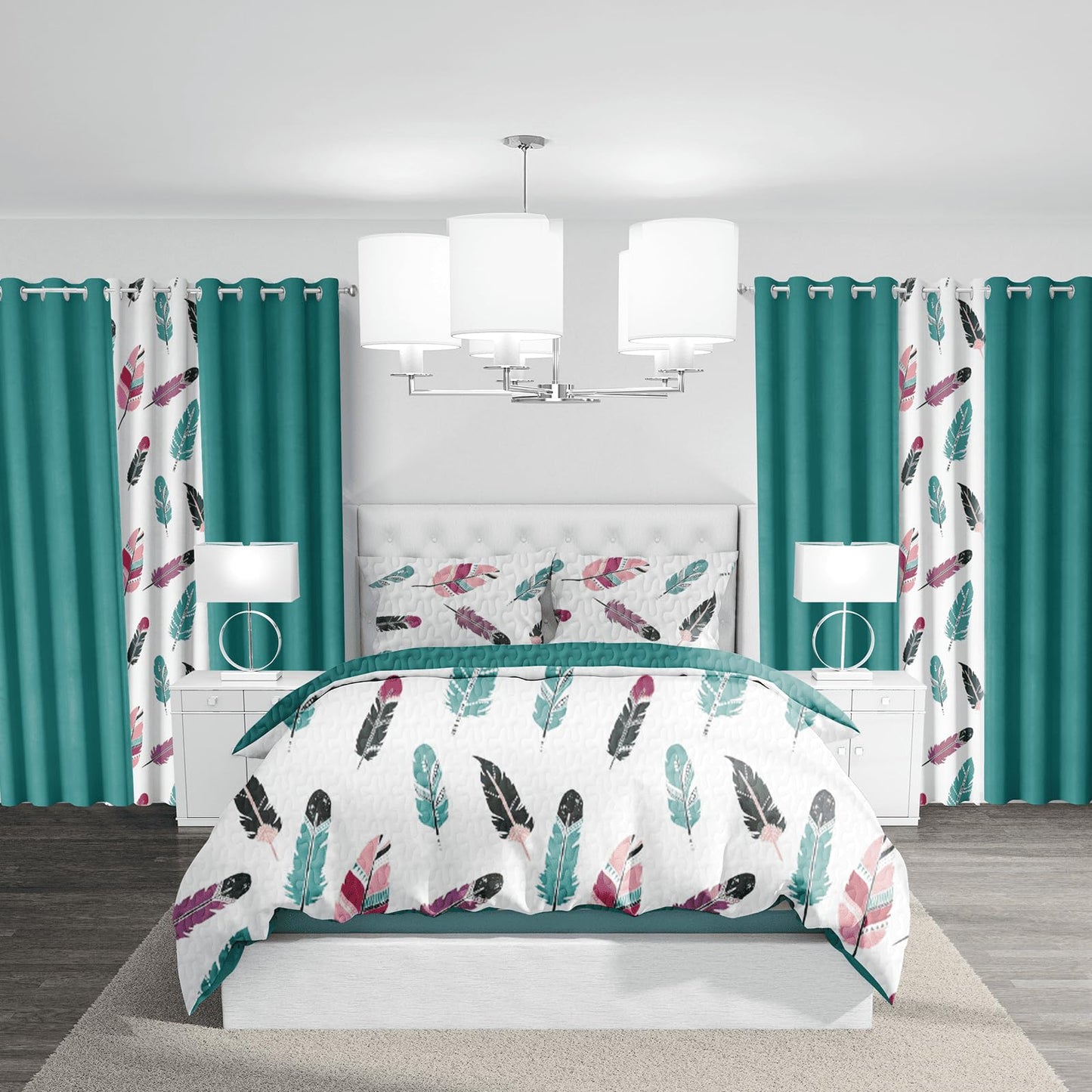 Chic 9-Piece Feather Print Queen Light Comforter Set with Matching Curtains, Green White Bedspread Set Ultra-Soft & Machine Washable Refined Update To Bedroom Decor, Ideal of All-Season Gift