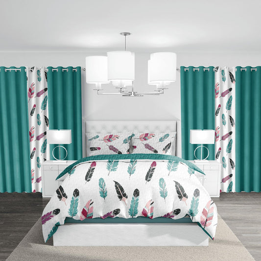 Chic 9-Piece Feather Print Queen Light Comforter Set with Matching Curtains, Green White Bedspread Set Ultra-Soft & Machine Washable Refined Update To Bedroom Decor, Ideal of All-Season Gift