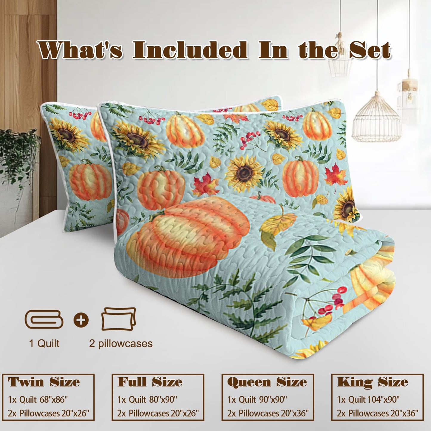 BlessLiving Fall Bedding King Size: Soft Microfiber Lightweight Blue Orange Pumpkin Quilt Set 3 Piece Autumn Bedspread Coverlet for Thanksgiving Bedroom Living Room Decoration