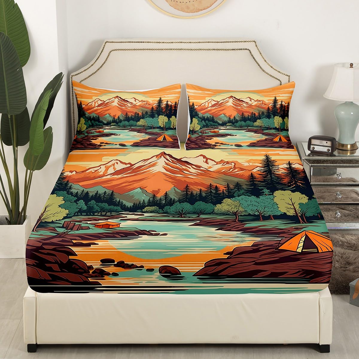 Mountain River Fitted Sheet Twin Size,Retro Adventure Theme Sheet Set 2Pcs,Nature Scenery Tent Printed Bedding Set for Kids Boys Girls Room Decor,Camping Style Luxury Bed Sheet,1 Pillowcase