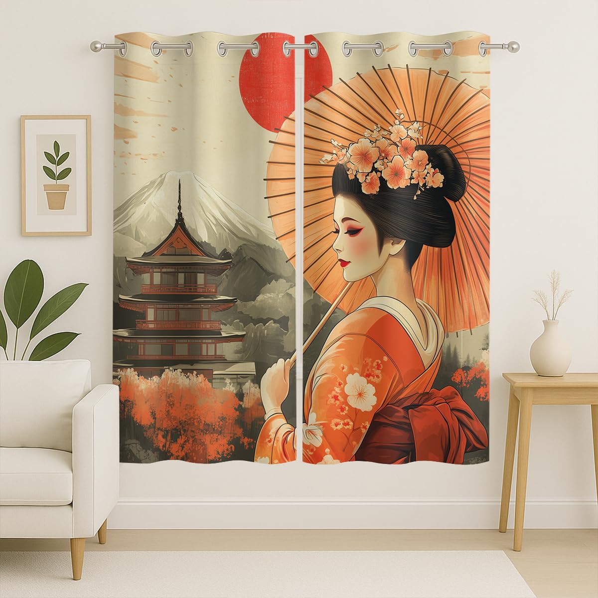 Czrouz Retro Geisha Curtain, Asian Japanese Style Women Sun Mount Fuji, Grommet Curtains for Vanity Corner or Compact Bedroom Window, 42 x 45 Inch, Thermal Insulated Darkening Drapes