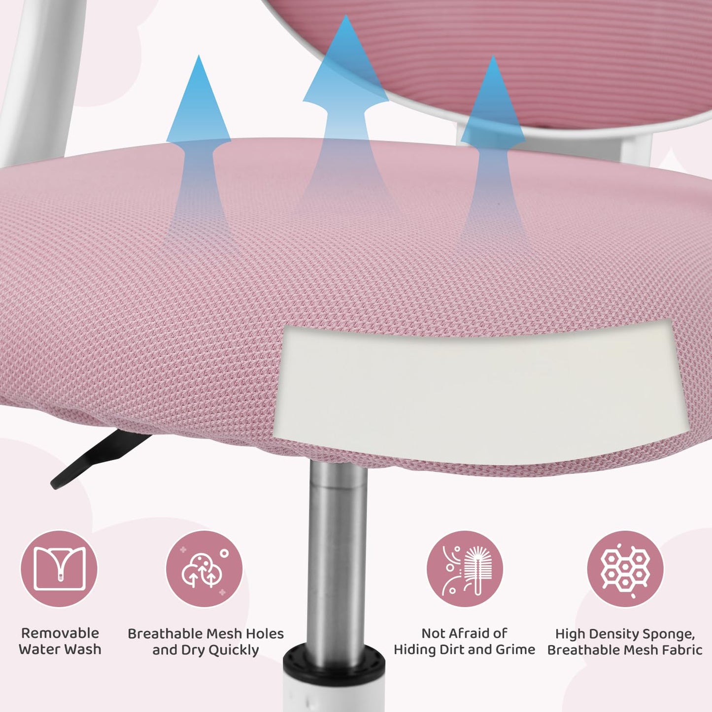 HOMMOW Kids Desk Chair,Ergonomic Study Chairs with Adjustable Height,Breathable Mesh Removable,Non-Slip Footrests,Suitable for Girls Aged 5-12 Years Old,Pink