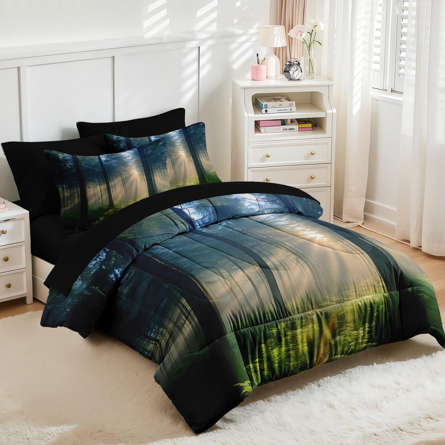Nesker Comforter Set Full Size, Sunlit Forest Nature 7 Pcs Bedding for Kids and Adults, Misty Tree Forest Bed Sheet Sets with Fitted Sheet 2 Pillowcases & 2 Shams