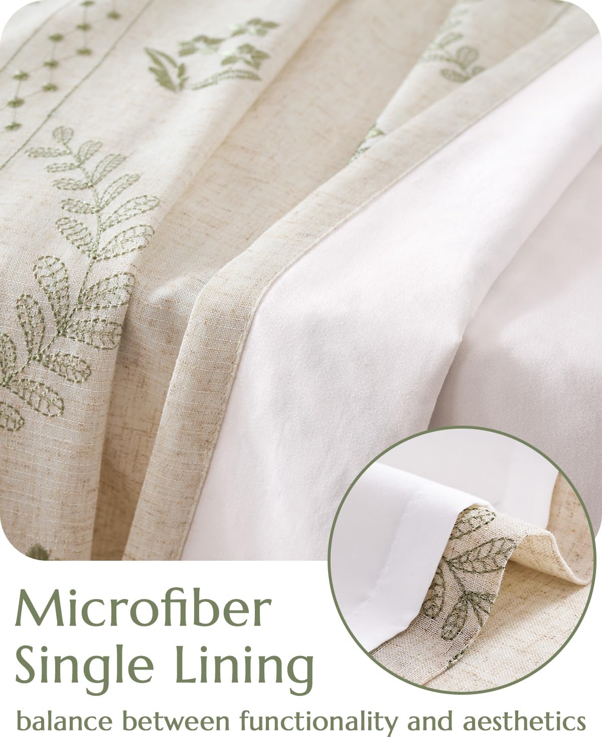 jinchan Belrose Lined Linen Blend Curtains Floral Curtains for Bedroom 96 Inch Length Sage Green Embroidered Drapes Rod Pocket Farmhouse Flower Drapes for Living Room Window Treatments Set 2 Panels
