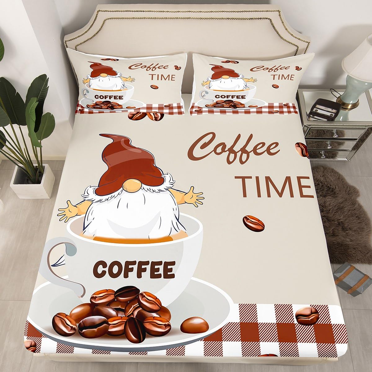 Manfei Coffee Fitted Sheet Twin Size, Gnome Coffee Time Bed Cover with 1 Pillowcase, Brown Plaid Farmhouse Bedding Set 2pcs for Kids Boys Girls Room Decor, Soft Polyester Bedding