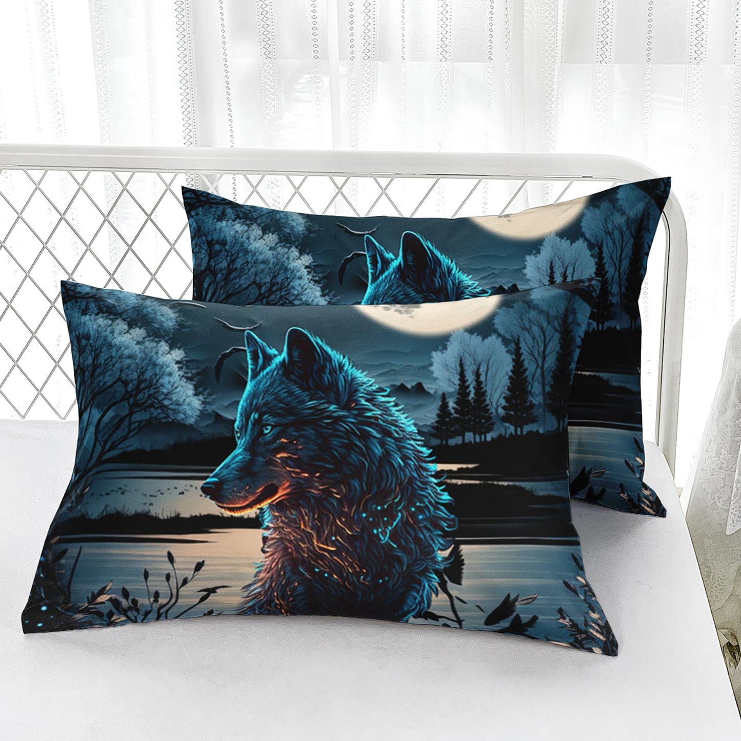 Nttopship Moon Wolf 4 Pieces Bed Sheet Sets Full Size Moon and Cartoon Wolves Bedding Sets with 16" Deep Pockets Wild Animal Printed Bedroom Decor,Bedding Set 4 PCS(1 Fitted+1 Flat+2 Pillowcases)