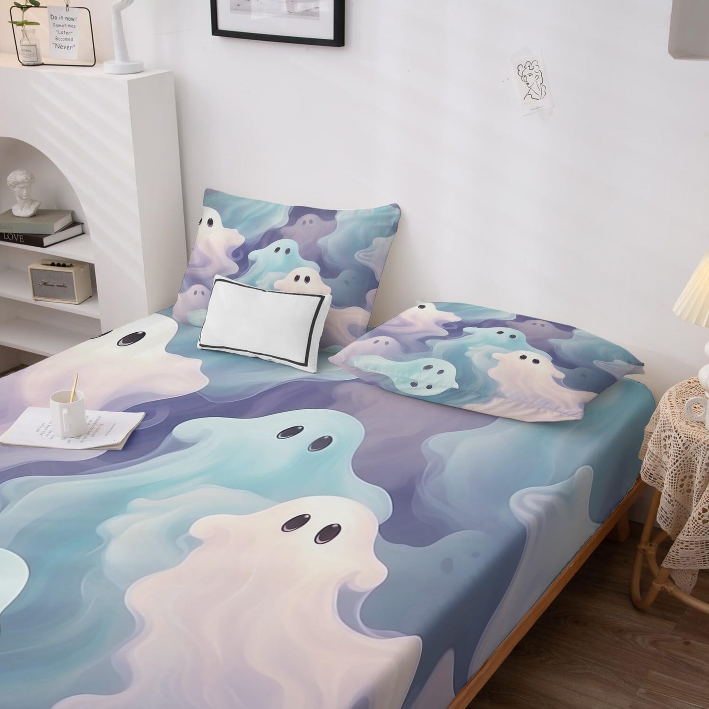 Rejkxyw King Size Sheets Set Cute Ghost - Cartoon Bed Sheets - Kids Boys Girls Sheet Set - 12 Inch Deep Pocket - Ultra Soft Winkle Free Microfiber Bedding Sheets & Pillowcases 4 Piece