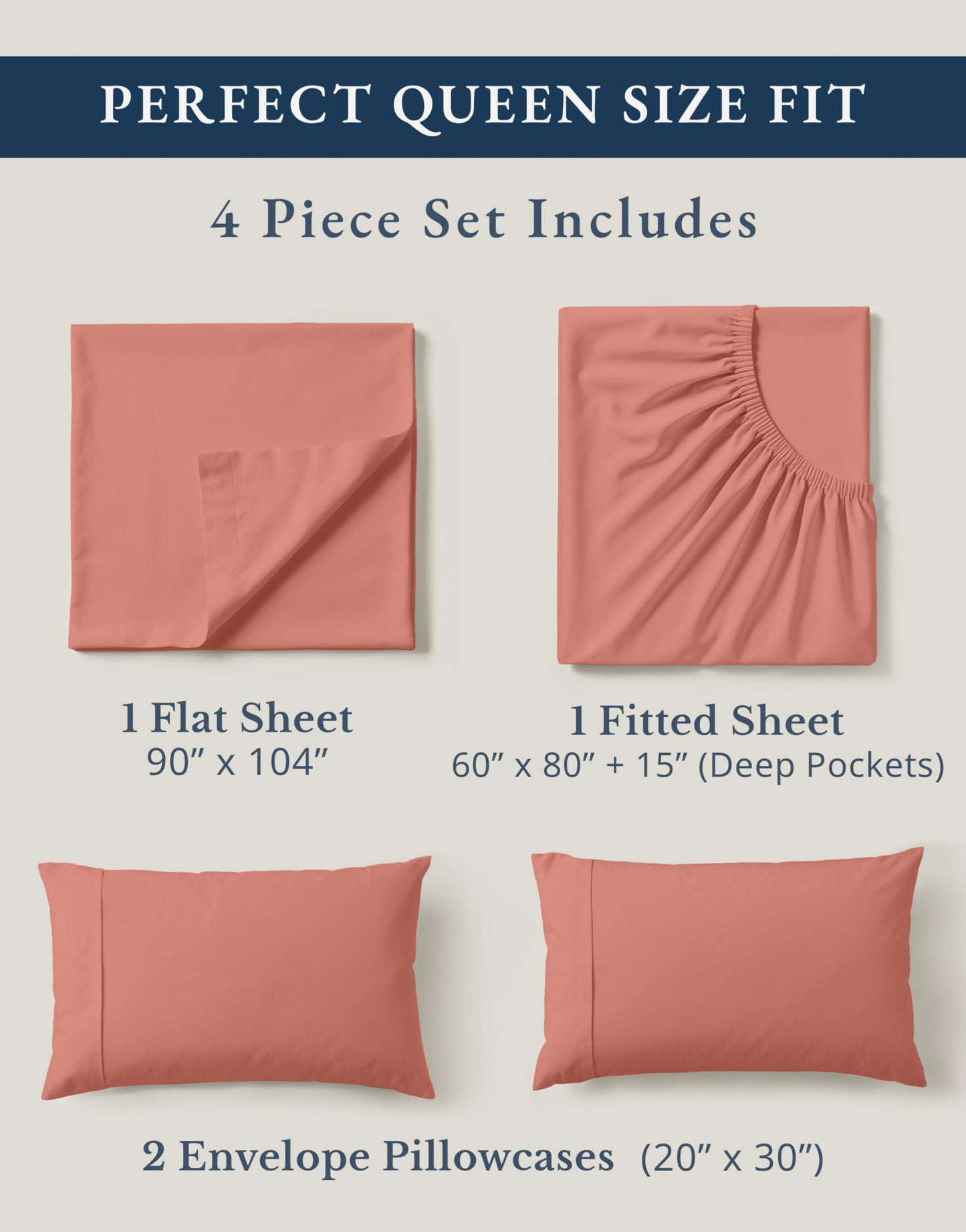 LANE LINEN 100% Organic Cotton Queen Sheets, Eco Friendly Mercerized Cotton Fully Elasticized Bedding Sheets & Pillowcase Set, Low Pill Fade Resistant Naturally Cooling Bedding Queen Size- Rose Dawn
