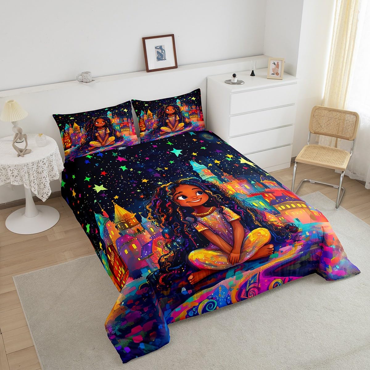 jejeloiu Kids Cute Black Girl Comforter Set Queen Size Castle Star Print Bedding Set for Boys Girls African American Girl Duvet Set Quilt Set,1 Comforter+ 2 Pillow Shams（No Glitter）
