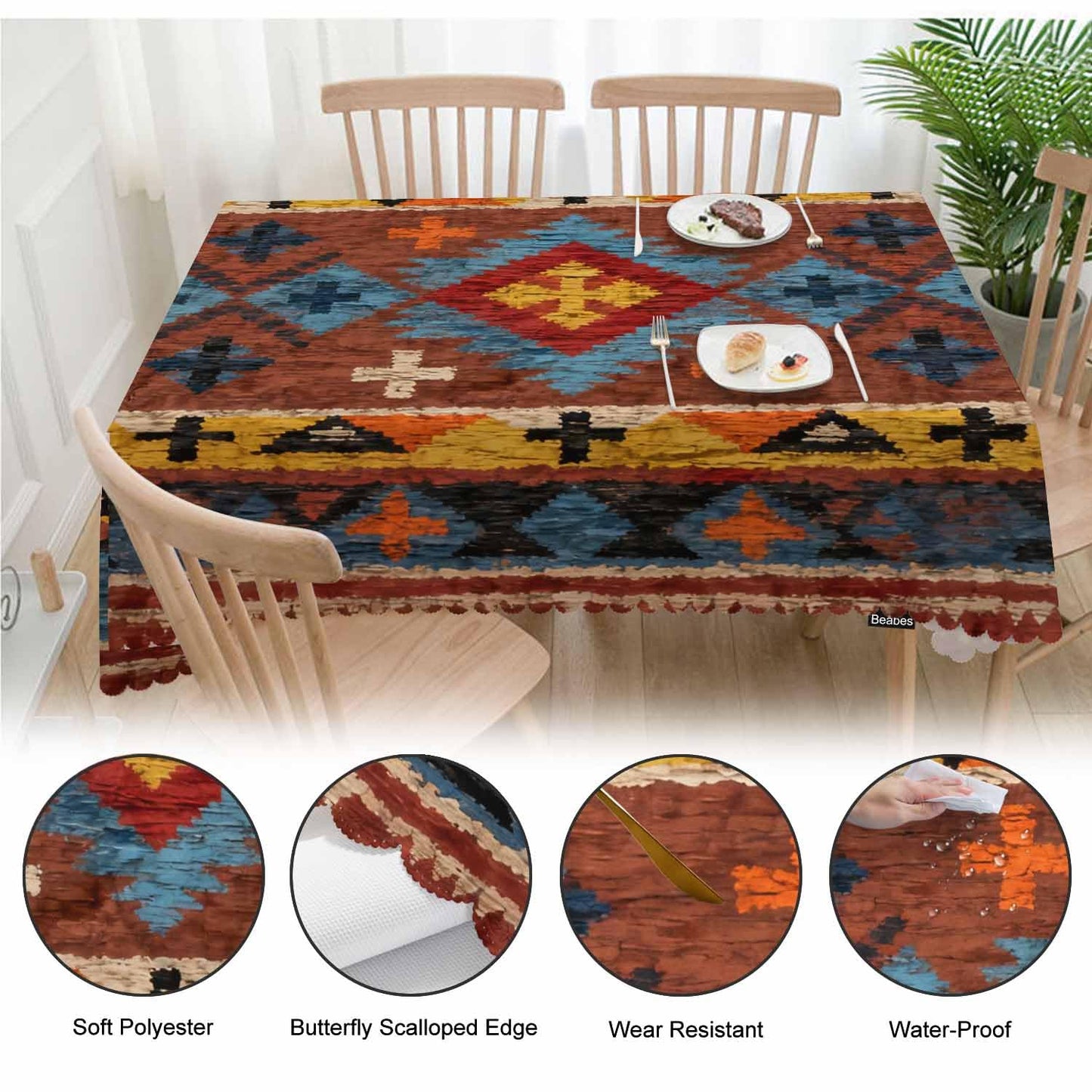 Beabes Tribal Pattern Decorative Table Cover for Kitchen, Ethnic Chevron Native American Style Red Oblong Tablecloth Dining Table Cloth Tabletop Tablecloths for BBQ Picnic Coffee 52"X70"