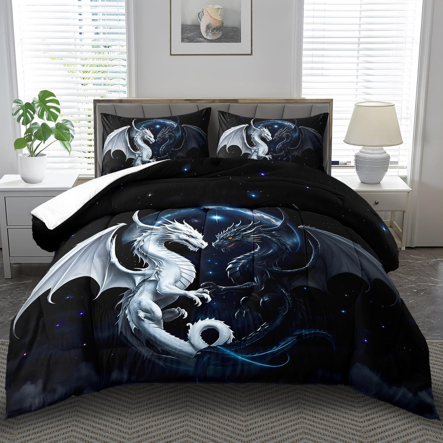 llyxsesty Black and White Dragon Comforter Set Queen for Boys Black Dragon Bedding Set Boys Gemini Universe Comforter Queen Quilt Animal Bedding Space Bed Decor Animal Home Decor