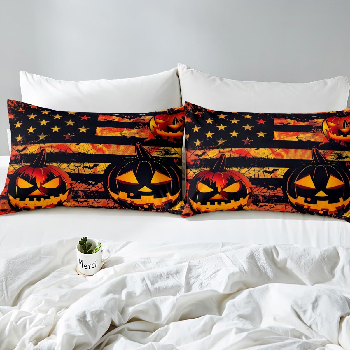 Feelyou Halloween Pumpkin Bed Sheets Set Full Size Halloween Decor Deep Pocket Fitted Sheet American Flag Bedding Sets Gothic Soft Bed Set 4Pcs with 2 Pillow Cases