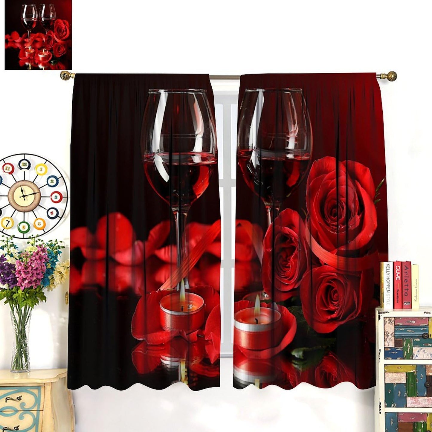 SENRUEGT Red Rose Wine Curtains for Bedroom,Valentine's Day Window Drapes Red Rose Petals Modern Romantic Window Treatments for Living Room Women Bedroom 42" W X 45" L