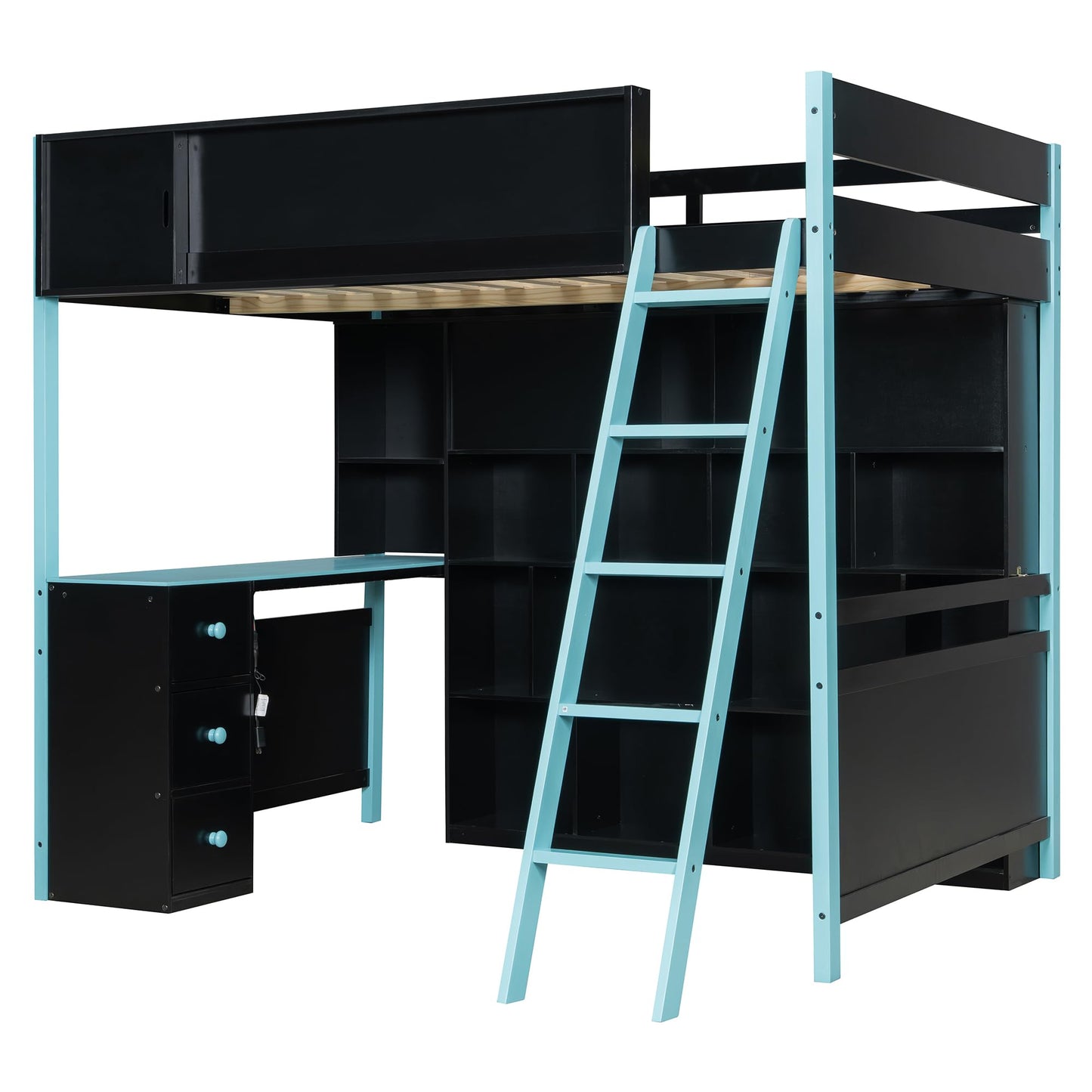 HRJHLucky Full Size Wood Gaming Loft Bed Frame with Desk, Ample Storage Space and Light for Bedroom (Blue)