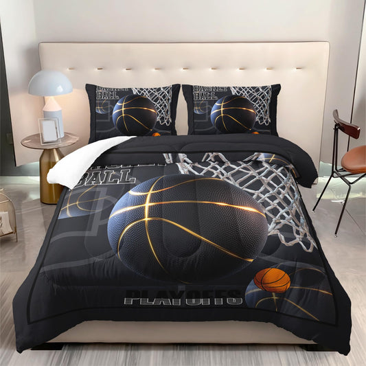 AILONEN Boys Basketball Comforter Set Queen Size,Sport Dunk Basketball Bedding Set for Kids Teens,Black Ball Printed Microfiber Comforter with 2 Pillowcases,3-Piece Sport Bedroom Decor,All Season
