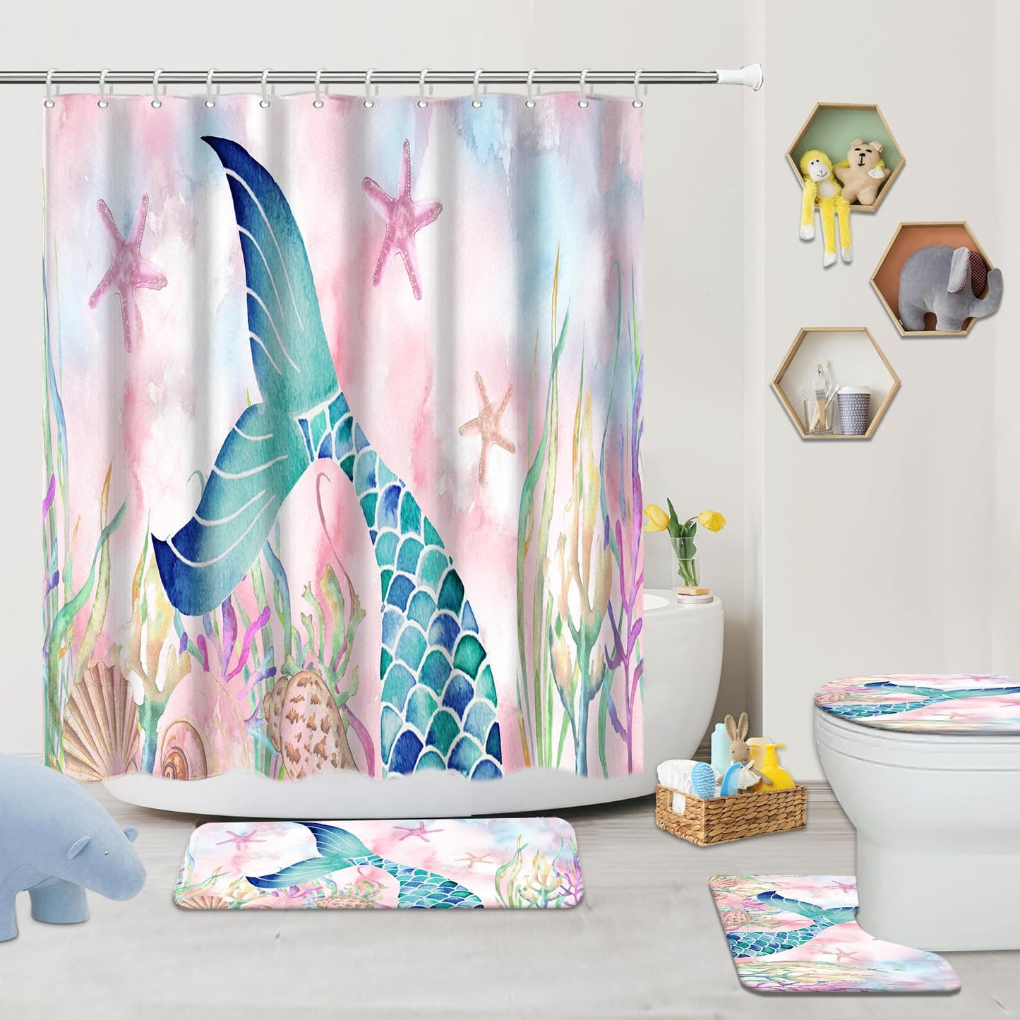 KINUUIS 4 Pcs Mermaid Bathroom Set Pink Shower Curtain Sets with Non-Slip Rugs Toilet Lid Cover and Bath Mat Set, Kids Girl Bathroom Decor with 12 Hooks