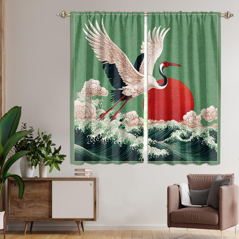 XSUPFLYM Retro Japanese Animal Crane Blackout Curtain for Living Room Modern Art Wildlife Crane Red Sun Nautical Ocean Waves Thermal Insulated Curtain for Bedroom 2 Panels Each 21" W x 54" L
