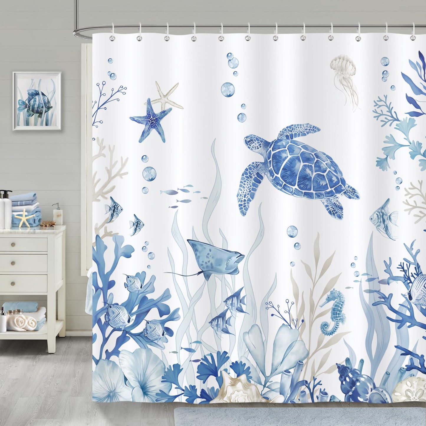 Bonhause Nautical Coastal Shower Curtain, Blue Beige Turtle Fish Coral Ocean Beach Themed Bathroom Decor 72x72 Inch Waterproof Polyester Fabric with 12 Hooks