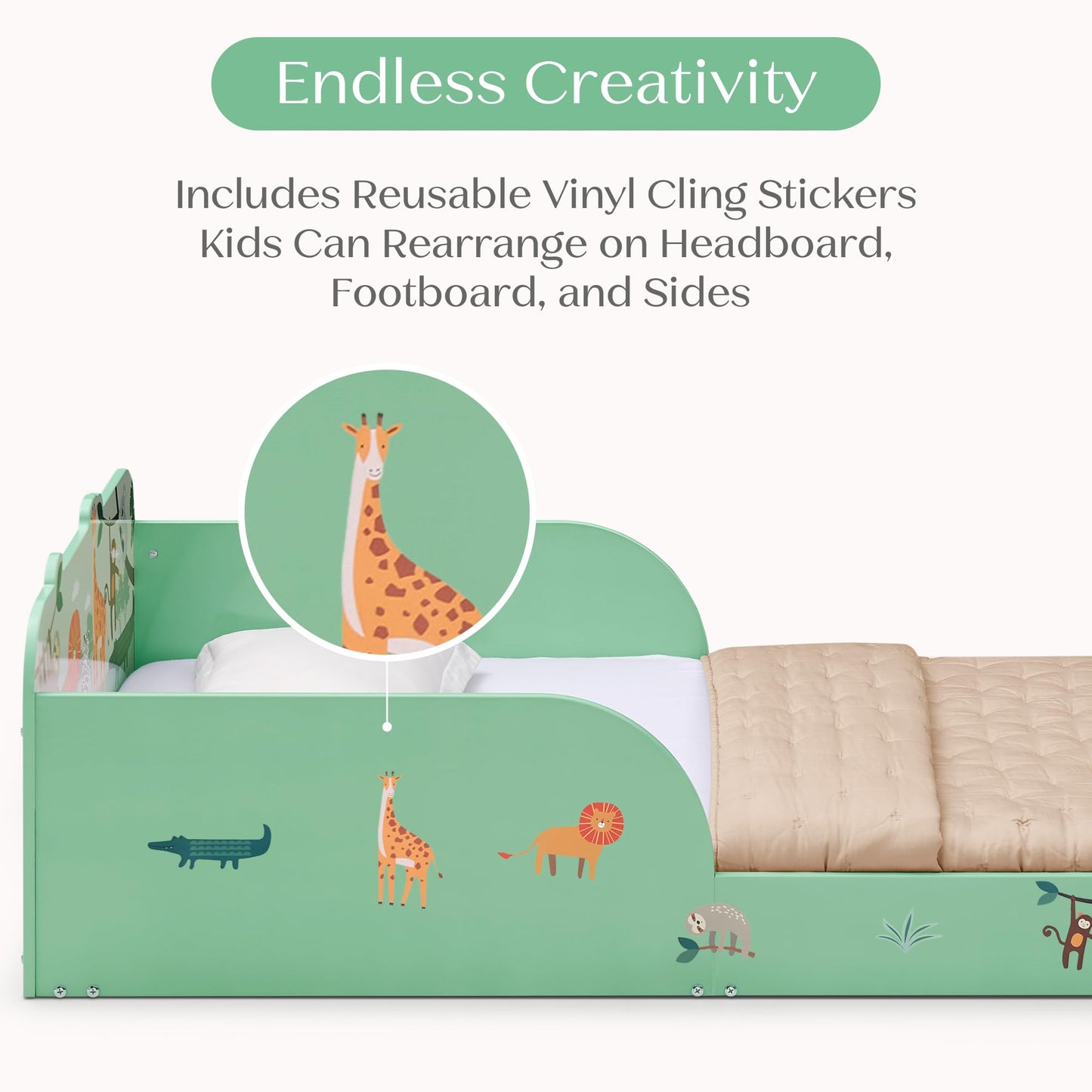 Delta Children Safari Wood Floor Toddler Bed with Reusable Stickers, Green