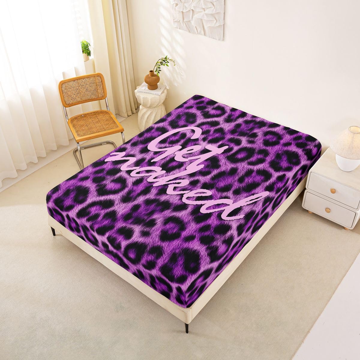 Feelyou Leopard Print Get Naked Fitted Sheet with 2 Pillowcases Full Size Funny Quotes Bed Sheets Set 16" Deep Pocket Boys Girls Purple Bedding Cheetah Teens Bedroom Decor Soft Microfiber