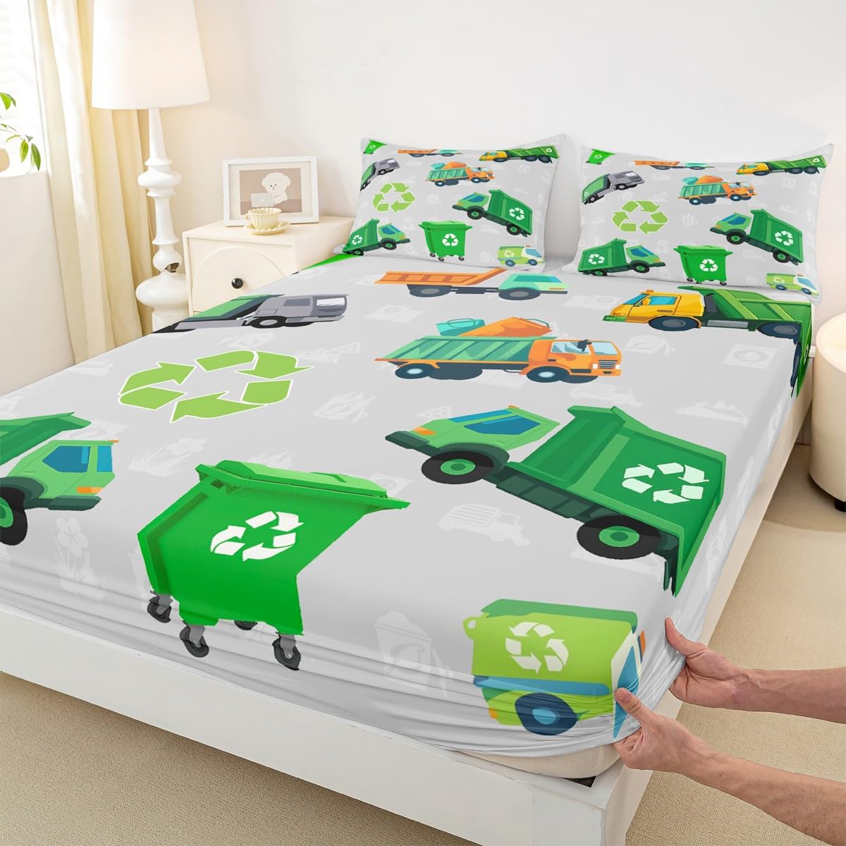 Boys Green Garbage Truck Bed Sheets Set Cartoon Trash Truck Fitted Sheet for Kids Boys Girls Teens Green Vehicle Car Bedding Set Garbage Truck Toy Bed Cover Full Size with 2 Pillow Case