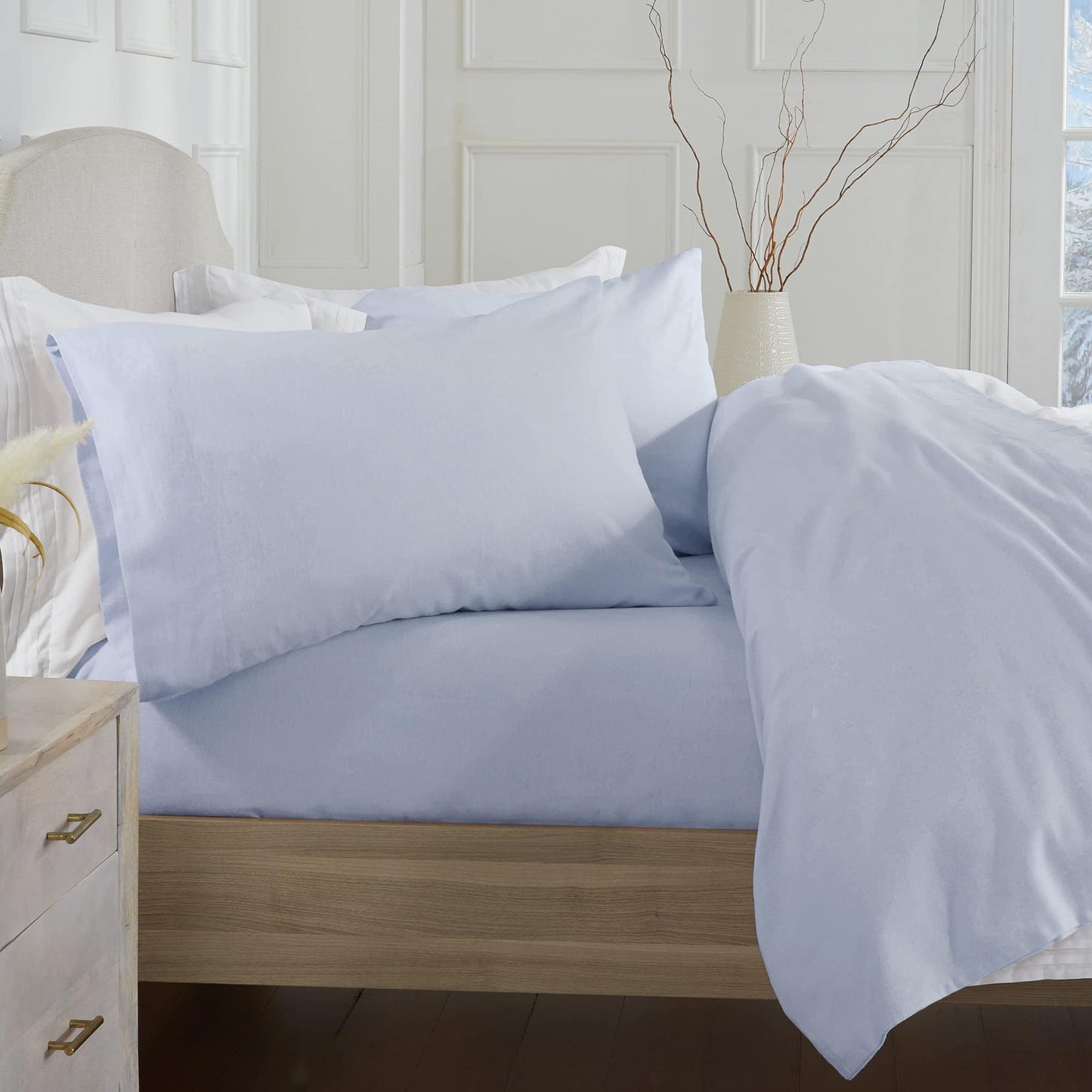 Market & Place 100% Turkish Cotton Flannel Sheet Set | 4 Piece Deep Pocket Solid Cozy Winter Bed Sheets | Double Brushed for Extra Softness & Comfort | Chalet Collection (Queen, Light Blue)