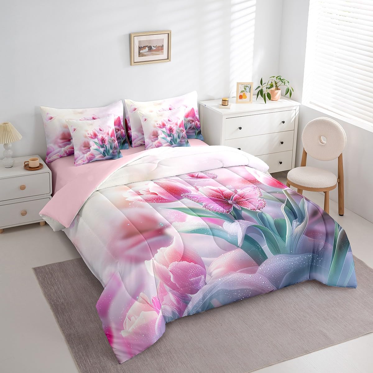 Feelyou Kids Floral Flower 7 Pieces Bedding Set Queen Size, Valentine's Day Bed in A Bag Romantic Comforter Set with Sheets Boys Girls Butterfly Teens Bed Set Bedroom Decor 7Pcs