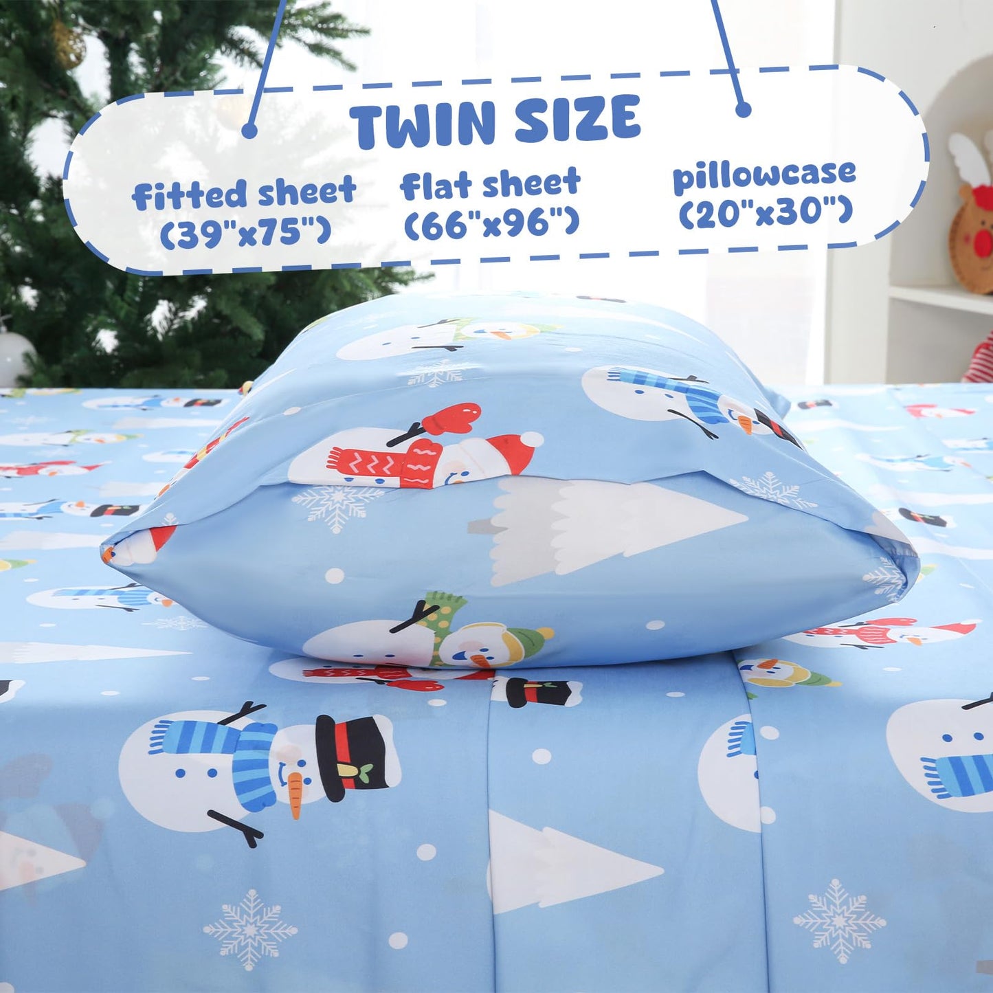 LONAVA Twin Sheet Set Kids - 3 Pieces Soft Microfiber Cartoon Style Bedsheets for Boys Girls Teens, Oeko TEX, Breathable Deep Pocket Sheets, (Snow Man)