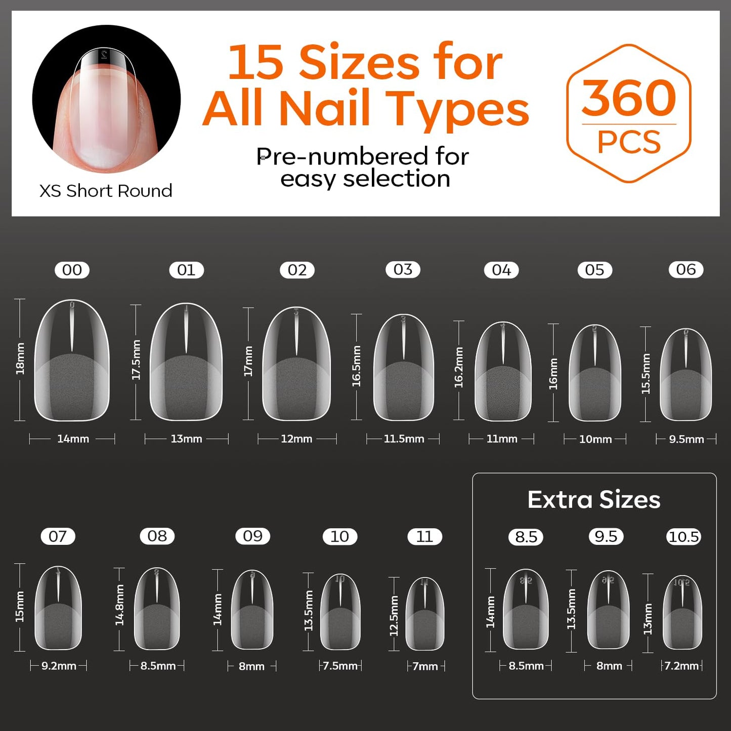 modelones Extra Short Oval Gel Nail Tips, 360pcs Pre-etched Clear Round Fake Nails Press On Full Cover Half Matte 15 Sizes Acrylic Gel Tips for Extension Salon