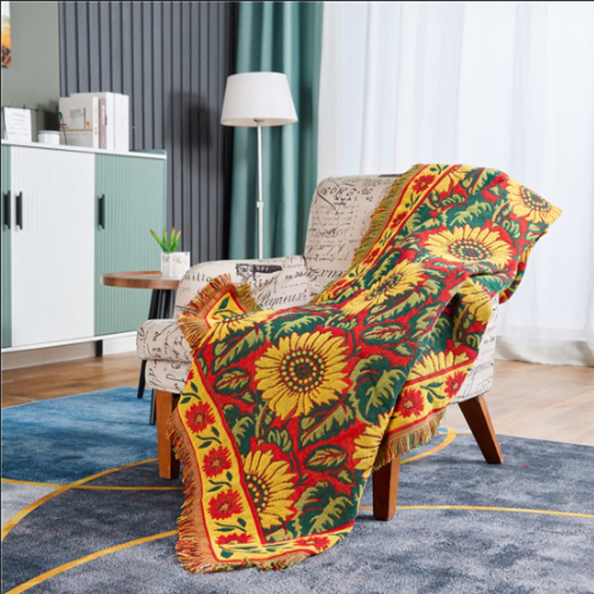 JIABOLANG Red Sunflower Throw Blanket with Fringe Boho Throw Blankets Recliner Chair Couch Sofa Cover Woven Reversible Cotton Bohemian Tapestry Hippie Room Home Decor Double Side 50"x70"