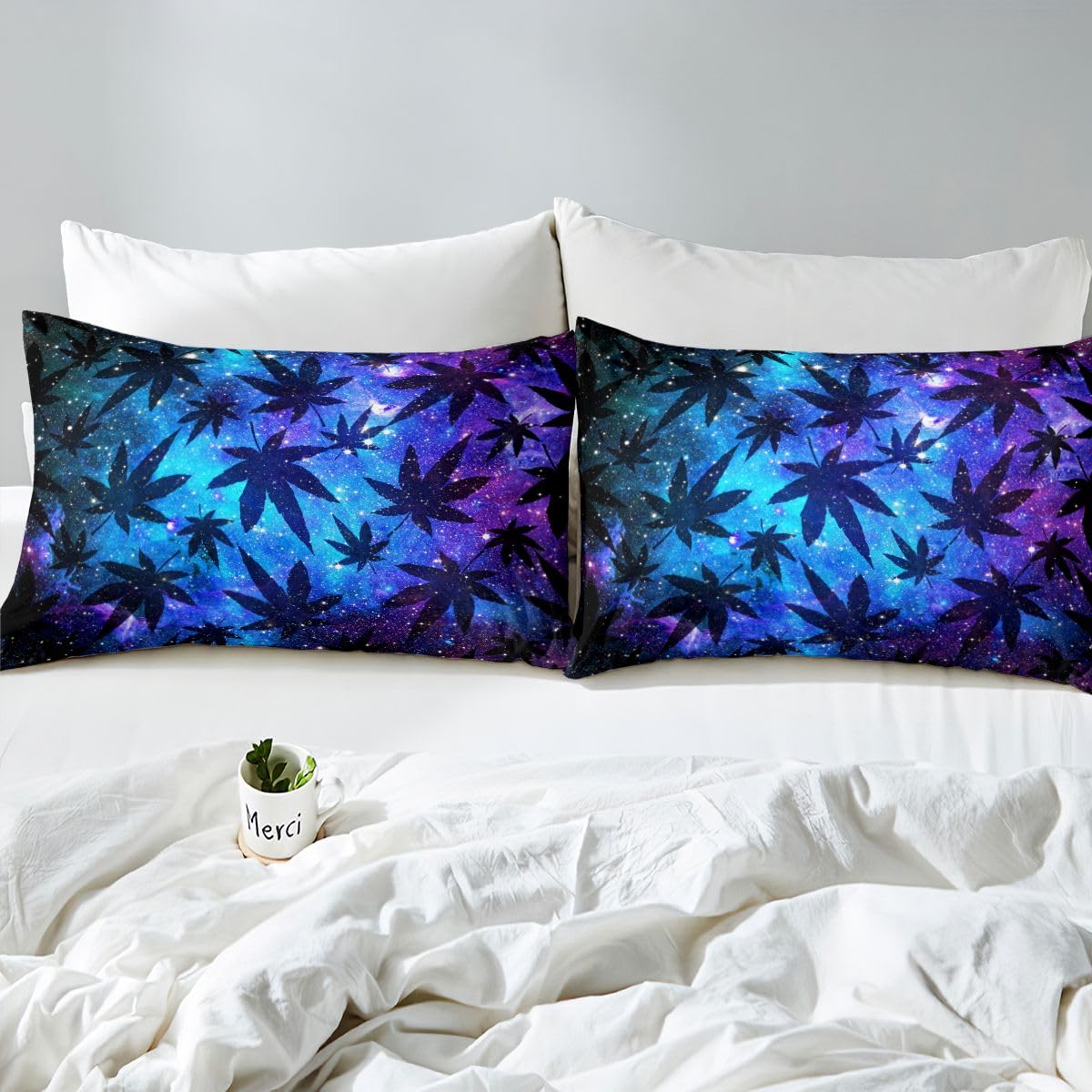 Erosebridal Leaves Duvet Cover Teens Galaxy Bedding Set Full Size for Women Men Youth Chic Purple Blue Quilt Cover Room Decor