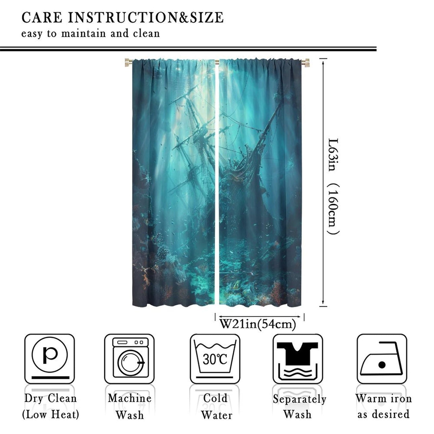 TOWINSFB Ancient Pirate Ship Blackout Curtains, Fish Shoal Mysterious Undersea World Coral Home Decor Rod Pocket Window Drapes for Living Room Bedroom - 42" W x 63" L