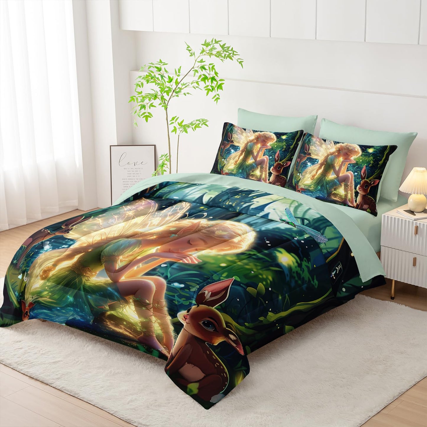AILONEN Butterfly Fairy Comforter Set Twin Size,Princess and Elk Bedding Sets,Mysterious Forest Theme Bed in a Bag,Comforter & Fitted Sheet & Flat Sheet & 2 Pillowcases,2 Pillow Shams