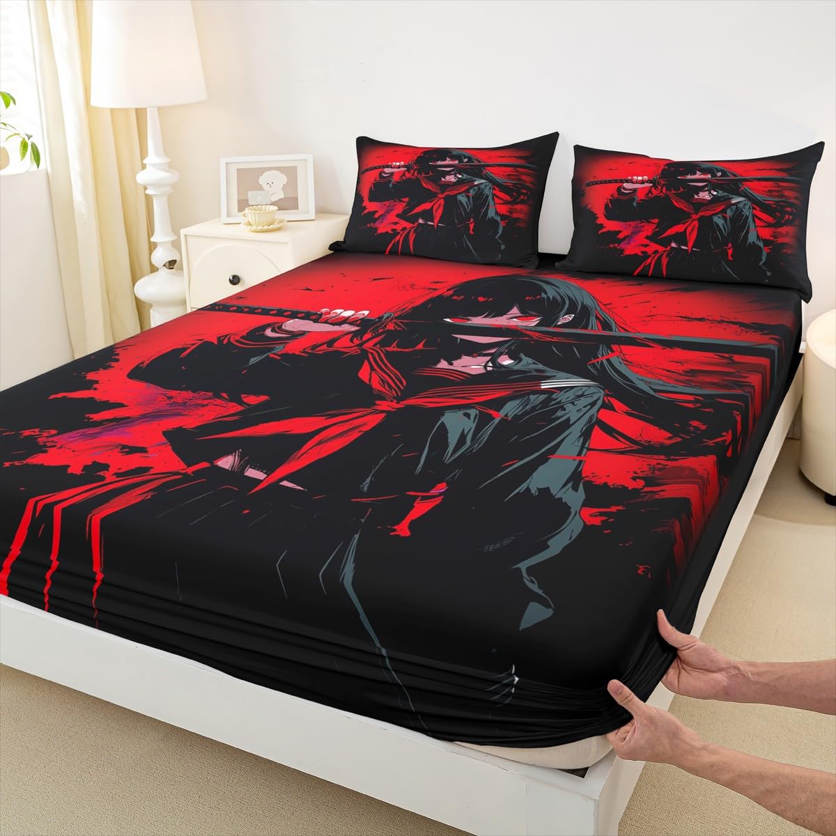 Erosebridal Japanese Anime Bedding Set for Kids, Anime Girl Fitted Sheet Queen Size Japanese Girl Bed Sheets for Girls Teens Adult, Kawaii Animation Red Black Sheets, Machine Washable
