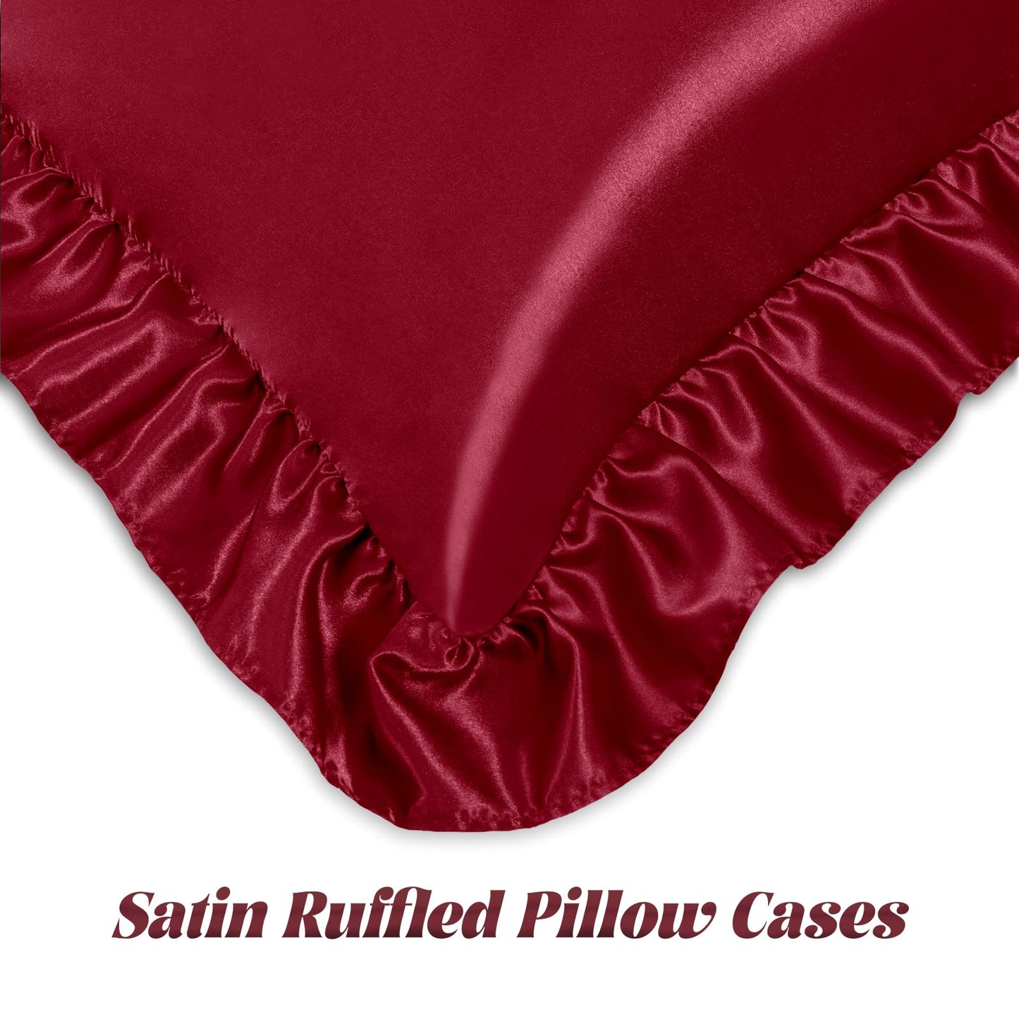 Homiest Ruffled Satin Sheets Full Size 6pc Set - Burgundy Bed Sheet Set with 15 Inch Deep Pocket Fitted Sheet, 1 Flat Sheet, 2 Ruffled Pillow Shams & 2 Pillowcases, Similar to Silk Sheets
