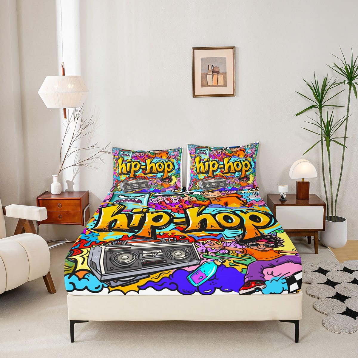 Feelyou Hippie Graffiti Sheets Hip Hop Radio Rock Bed Sheet Set Kids Boys Colorful Graffiti Pattern Bedding Set Watercolor Art Fitted Sheet Bedroom Collection 3Pcs Full Size