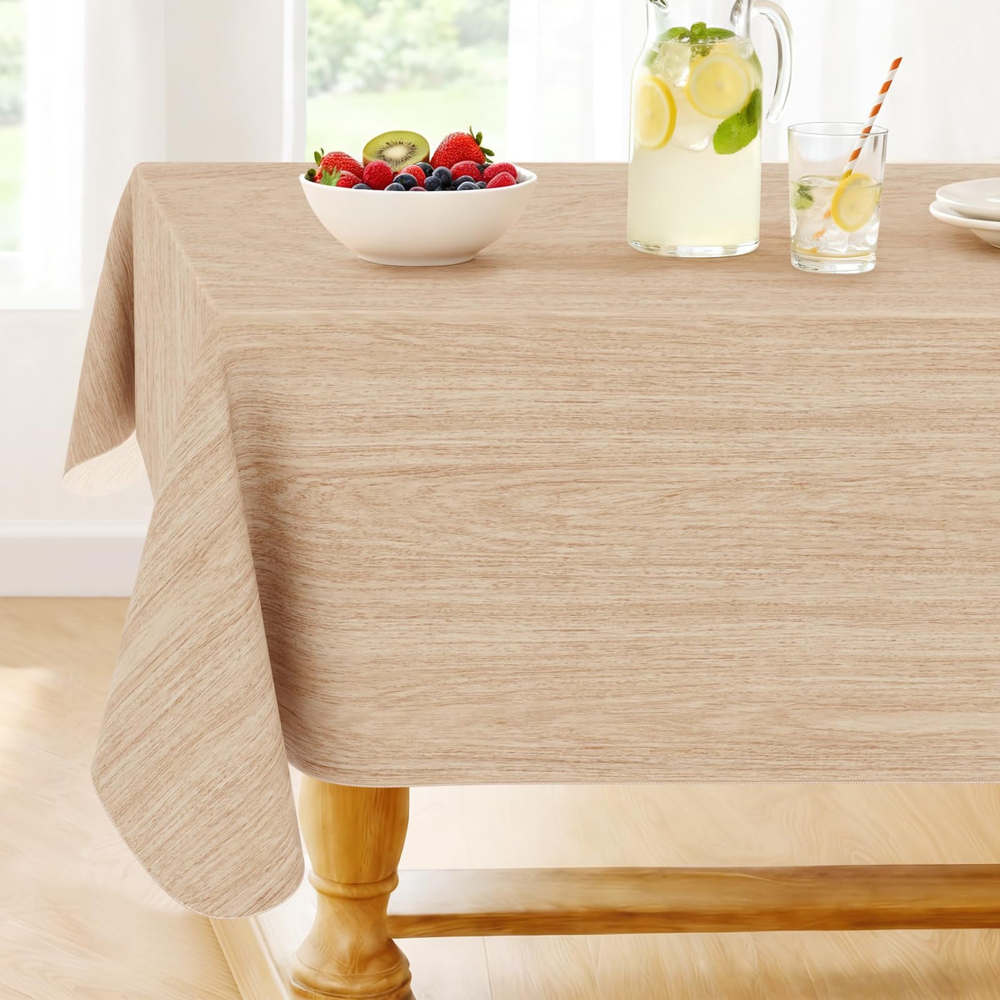 Smiry Rectangle Table Cloth, Waterproof Vinyl Tablecloths with Flannel Backing, Wipeable Spillproof Plastic Wood Grain Table Cover for Dining, Indoor and Outdoor (Beige, 60 "x 84")