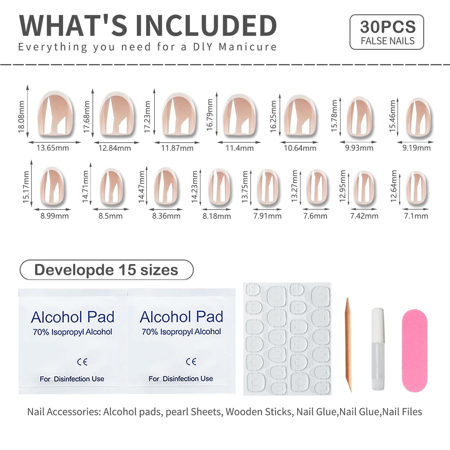 French Press On Nails Short Oval False Nails 30pcs, Nude Chrome Electroplated Stick On Nails with White French Tips, Glossy Reusable Acrylic Fake Nails Kit for Women Girls Wedding Daily
